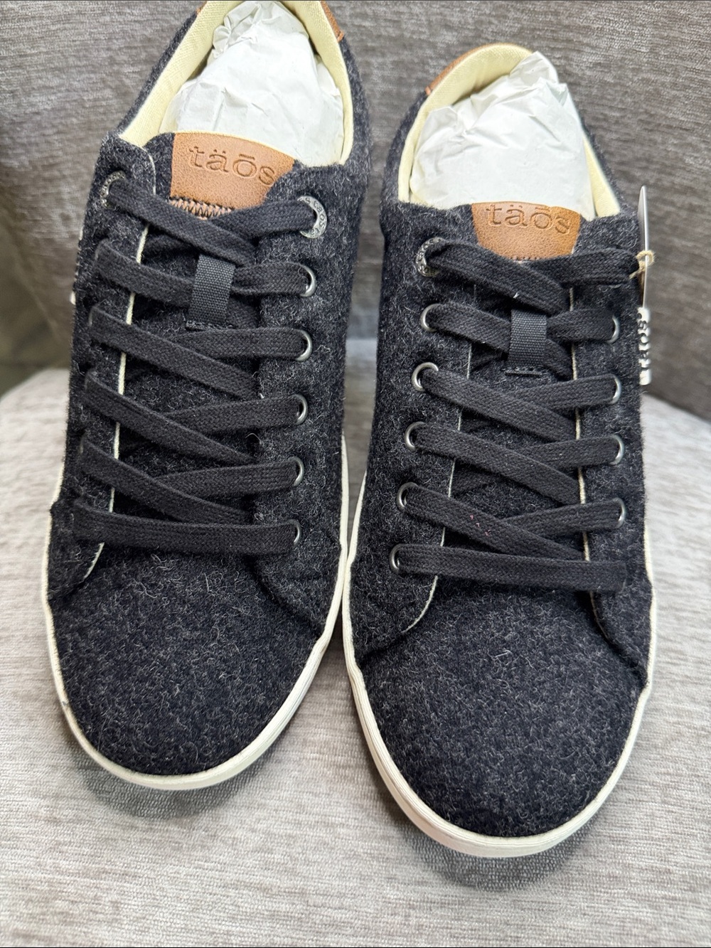 Taos Footwear Women's Black Wool Sneakers with Brown Logo Patch